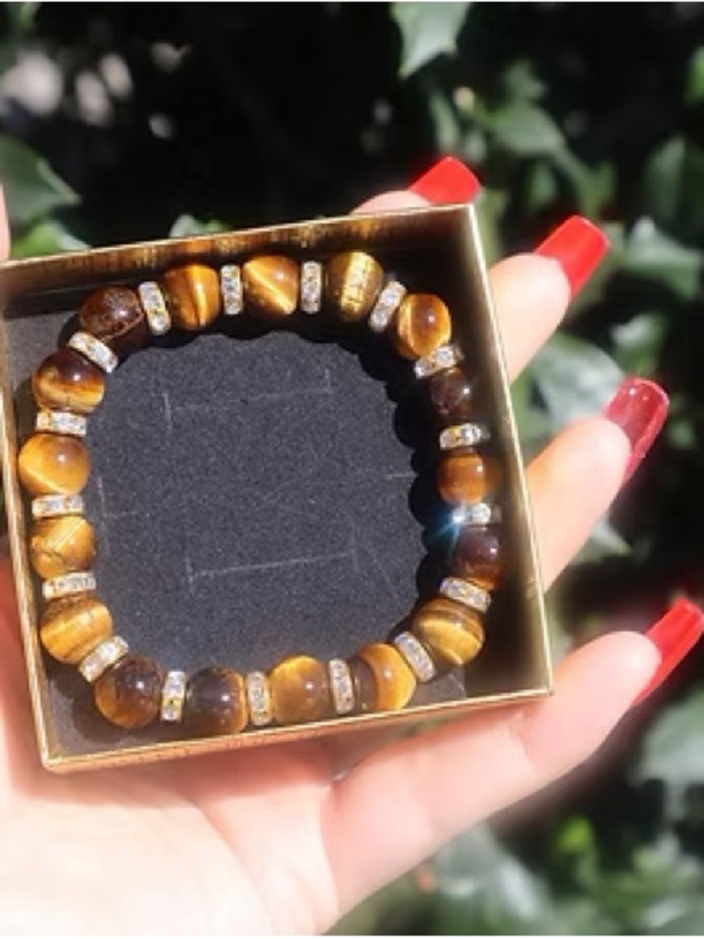 Tiger Eye Beaded Stretch Bracelet with Crystal Spacers - Brown